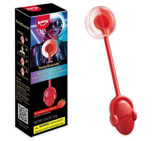 Amos TastySounds Audio Lollipop - Strawberry. This sugar free lollipop plays a hip hop tune with every bite of strawberry flavor. Plays music for up to 60 minutes, including songs "Up to Something," "Main Event," and "Perfect Disaster." Instructions for music play on the box. Package includes 1 count lollipop, Net WT 0.42oz.