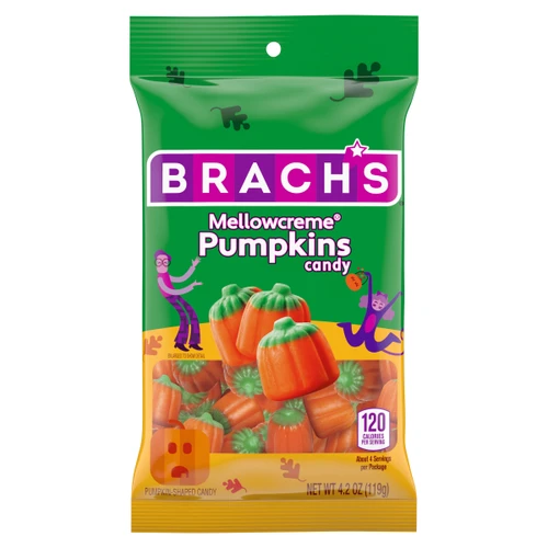 Brach's Mellowcreme Pumpkins Candy. These mellowcreme candies are shaped like orange pumpkins with green stems. Net WT 4.2oz.