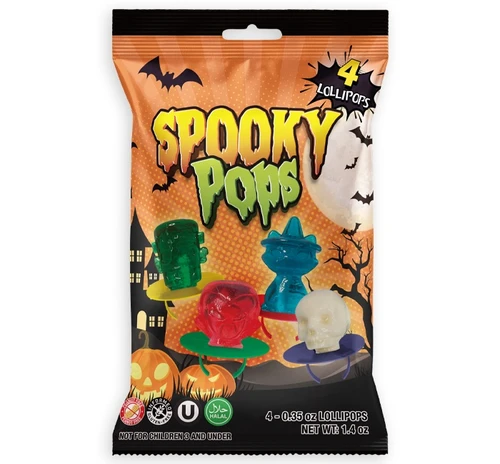 Spooky Pops Lollipop Rings! These plastic rings feature spooky artificially flavored shapes such as a watermelon flavored Frankenstein's monster head, a cotton candy flavored skull, a blue raspberry flavored cat with a witch hat, and a strawberry flavored vampire. Package includes 4 count rings, .35oz. Net WT 1.4oz.