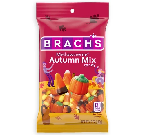 Brach's Mellowcreme Autumn Mix Candy. These mellowcreme candies are shaped like orange pumpkins with green stems, classic candy corn in yellow orange and white, and candy corn in orange and brown. Net WT 4.2oz.