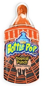Halloween Baby Bottle Pop - Orange Tropical Punch. This candy pop, available in orange tropical punch or green watermelon, features a flavored black powder for dipping. Desired flavor not guaranteed. Includes 1 count .85oz bottle pop.