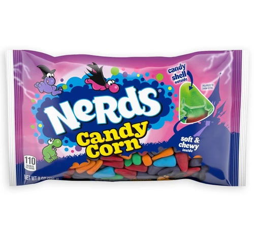 Nerds Candy Corn. These multicolor candy corn shaped pieces feature combination flavors in a tangy shell with a soft and chewy inside, including flavors strawberry, grape, lemon, blue raspberry, orange, cherry, and watermelon. Net WT 8oz.