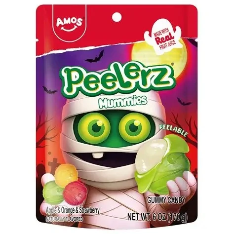 Peelerz Mummies Gummi Snacks. These apple, orange, and strawberry flavored gummi candies are in peelable mummy head shapes. Net WT 6oz.