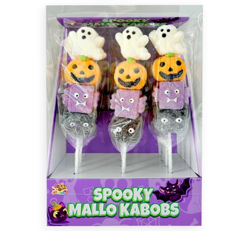Spooky Mallo Kabob. This colorful sugary marshmallow kabob features fun Halloween character shapes including a ghost, Jack O Lantern, purple bat, and black cat. Package comes with 1 count wrapped kabob, measuring 10in with stick. Net WT 1.6oz.