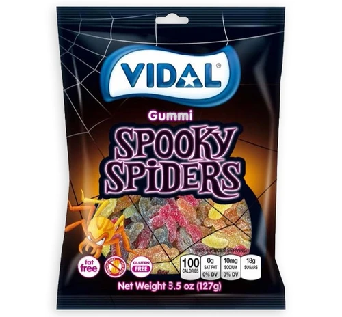Vidal Gummi Spooky Spiders. These colorful, sugar coated spider shaped gummies feature tangy fruity flavors. Net WT 3.5oz.