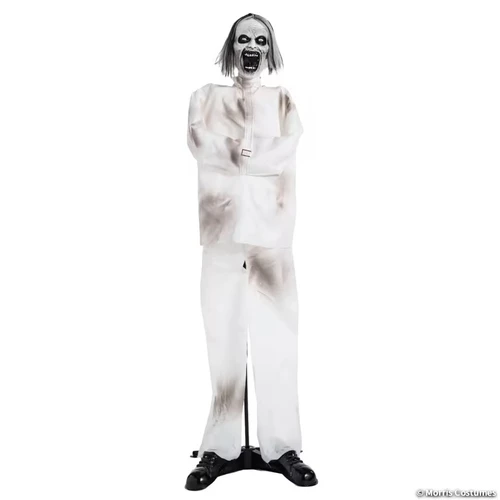 Standing Animated Light Up Psych Patient Halloween Decoration. Wearing a white polyester straitjacket and pants and black shoes, this plastic figure has a wrinkled white face, wild grey hair, and an open screaming mouth. When activated, it laughs and shakes its head side to side with light up red eyes. Requires 4 AA batteries (not included) and assembly. Dimensions: 5ft 6in x 15.75in.