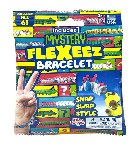 Flexeez Bracelet Blind Bag. This bag contains a mystery plastic bracelet made of interlocking pieces. Available in styles such as a dog, alligator, giraffe, unicorn, dragon, or caterpillar. Desired style not guaranteed, no returns or exchanges. Great for collectors. Package comes with 1 bracelet set. One size fits most children.