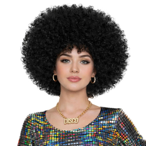This giant curly wig is perfect for a disco themed ensemble. Made from black synthetic fiber, it’s designed to fit most teens and adults. May require additional styling to achieve desired look.