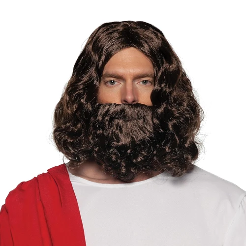 Jesus Wig & Beard Set. This set features a brown, synthetic hair long wavy wig with a matching beard and moustache combination. One size fits most adults and older teens. May require additional styling to achieve desired look.