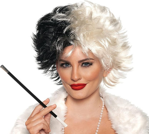 Villain Black & White Wig. This synthetic wispy hair wig features short strands in half black and half white. One size fits most adults and older teens. May require additional styling to achieve desired look.
