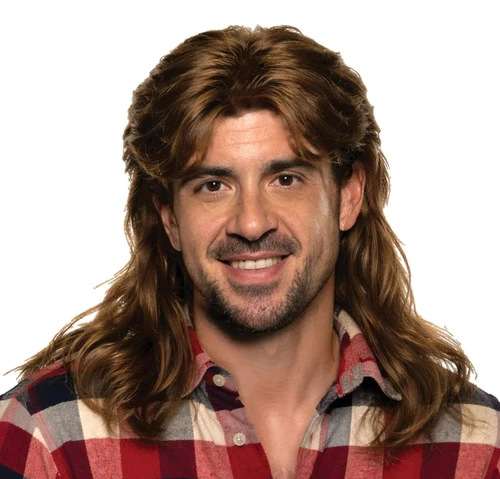 Men's Mullet Wig - Brown. This synthetic wig features long brown hair with a mullet style. One size fits most adults and older teens. May require additional styling to achieve desired look.