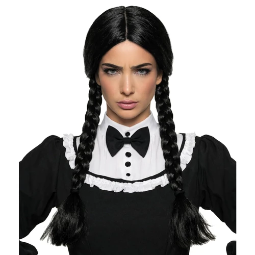 Gothic Black Braids Wig. This black synthetic hair wig features braids and a center part. One size fits most adults and older teens. May require additional styling to achieve desired look.