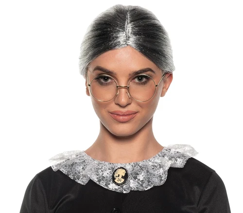 Old Lady Bun Wig. This grey, synthetic hair wig features a bun in the back and a part in the middle. Includes wig only. One size fits most. May require additional styling to achieve desired look.