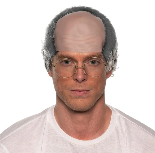 Old Man Bald Wig. This fun wig features a light skin bald cap with a grey hair hairdo. Package includes wig only, no other accessories. One size fits most. May require additional styling to achieve desired look.