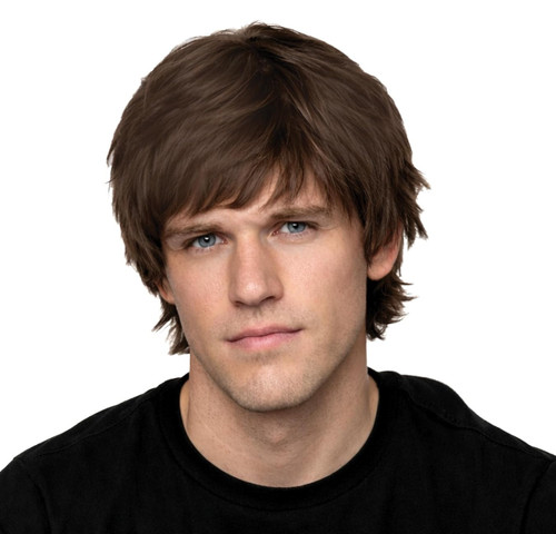 Men's Short Wig - Brown. This synthetic wig is made of short brown hair with swooped bangs. One size fits most adults and older teens. May require additional styling to achieve desired look.