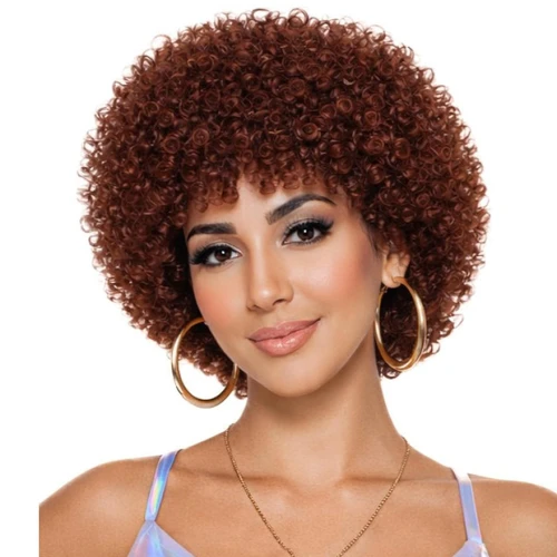 Short Afro Wig - Brown. This curly wig is perfect for a disco themed ensemble. Made from reddish brown synthetic fiber, it’s designed to fit most teens and adults. May require additional styling to achieve desired look.