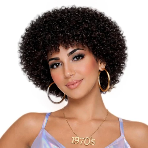 Short Afro Wig - Black. This curly wig is perfect for a disco themed ensemble. Made from black synthetic fiber, it’s designed to fit most teens and adults. May require additional styling to achieve desired look.