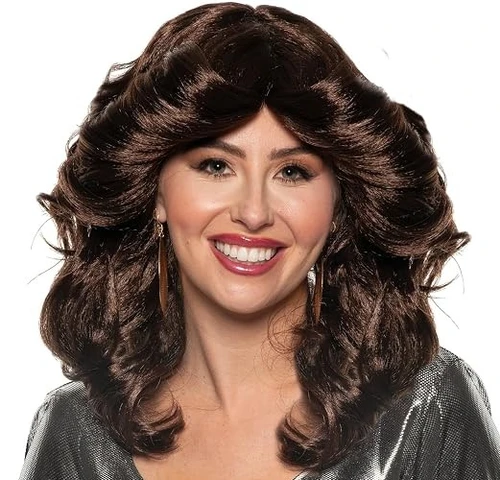 70s Feathered Wig - Brown. This synthetic wig features brunette, shoulder length curls with a part in the middle. One size fits most. May require additional styling to achieve desired look.