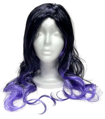 Gothic Purple and Black Wig. This synthetic hair wig features long wavy strands in black that fade to purple. One size fits most. May require additional styling to achieve desired look.