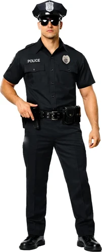 Police on Patrol Costume. This polyester set includes a black short sleeve shirt with embroidered patches, matching pants, hat, belt, and metal badge. Shoes, sunglasses, and prop gun not included. Available in adult sizes One Size (42 - 44), Small/Medium, and 2X Large (54 - 56).