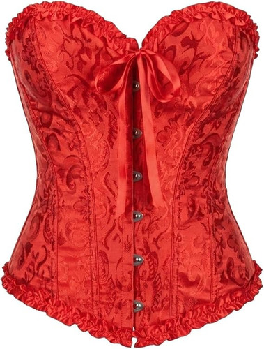 Brocade Corset - Red. This red polyester corset features a lace up closure back, support boning, steel boned front busk, and a shimmery brocade design. Adult Small fits 4 - 6, Medium 8 - 10, Large 12 -14, and X Large 14 - 16.