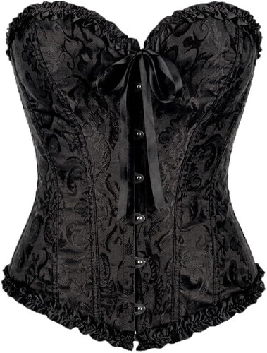 Brocade Corset - Black. This black polyester corset features a lace up closure back, support boning, steel boned front busk, and a shimmery brocade design. Adult Small fits 4 - 6, Medium 8 - 10, Large 12 -14, and X Large 14 - 16.