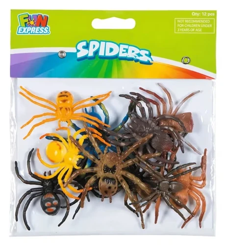Colorful Plastic Spiders. These small vinyl spiders feature multiple colorful but realistic designs. Package includes 12 count spiders measuring 2.5in.