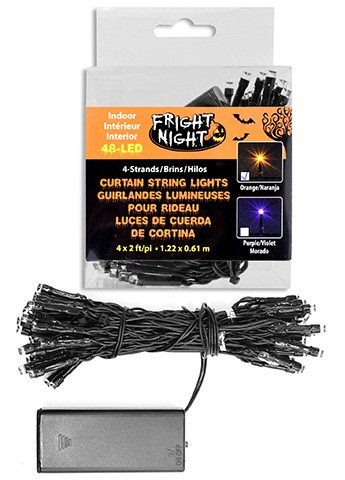 Halloween String Lights Curtain. These four strands make up a curtain of string lights with 48 LEDs available in either orange or purple. They have 10cm spacing and a 50cm leadwire. Two AA batteries required, not included. Desired color not guaranteed. Package includes strands of light that together measure about 4ft x 2ft.