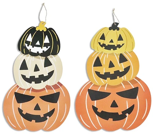 Stacked Jack O Lanterns Sign. This medium density fiberboard is shaped around three stacked Jack O Lanterns from big to small, available in colors black to orange or yellow to orange, with a jute string hanger. Desired color not guaranteed. The underside is brown fiberboard. Measures 17in x 9.8in.