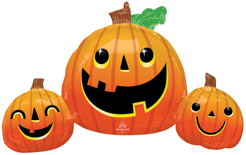 Smiley Pumpkin Trio Balloon. This shaped balloon features two Jack O Lanterns on both sides of a much larger Jack O Lantern, all with smiling faces. Balloon is approximately 35 inches after inflation.