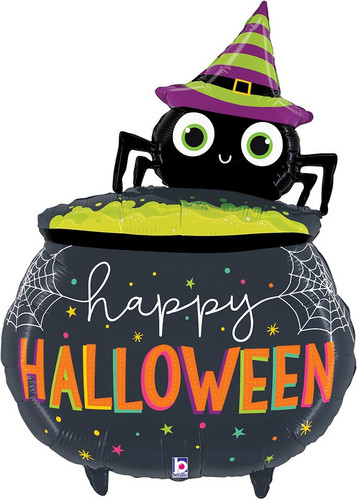 This large uniquely shaped balloon features "happy HALLOWEEN" in white script and orange capital print on a cauldron topped with a smiling cartoon spider wearing a witch hat. Balloon is approximately 44 inches after inflation.