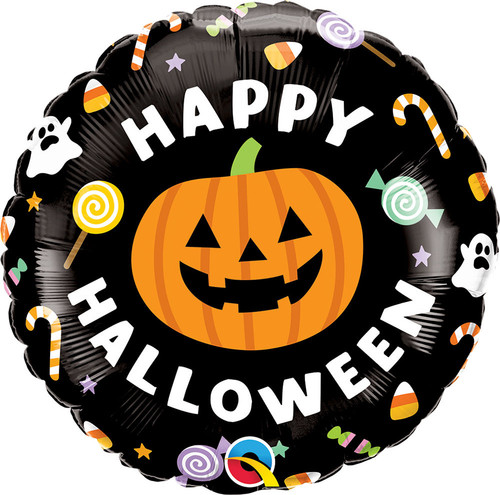 This black circular balloon features "HAPPY HALLOWEEN" in white text arched over and under a Jack O Lantern, accented with various candies and ghosts. Balloon is approximately 18 inches after inflation.