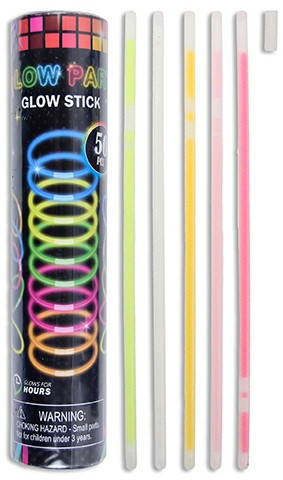 Glow Sticks with Connectors. These glow sticks, when activated, will last for hours, perfect for concerts, festivals, glow in the dark theme parties, trick or treating, and other celebrations at night. This set includes blue, yellow, green, pink, and orange, and are the perfect size to make bracelets using the connectors. Package includes 50 count glow sticks measuring 8in and connectors.