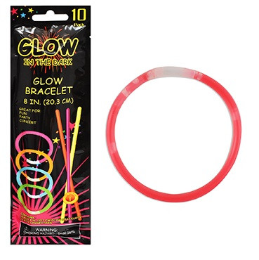 Glow Bracelets. These glow sticks, when activated, will last for hours, perfect for concerts, festivals, glow in the dark theme parties, trick or treating, and other celebrations at night. This set includes pink, orange, blue, and green, and are the perfect size to make bracelets using the connectors. Package includes 10 count glow sticks measuring 8in and connectors.