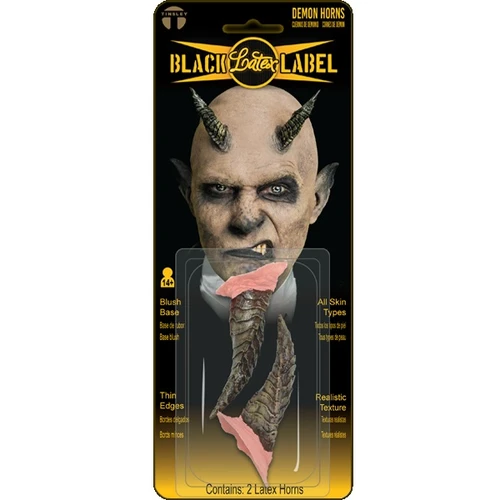 Demon Horns - Black Label Latex. These latex horns have a textured curvy look. Attached to a thin, blush base, use make-up (not included) to blend into any skin type. Package includes 2 latex horns measuring about 3in.