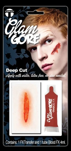 Deep Cut - Glam Gore 3D Transfer Kit. This temporary transfer is latex free, blends into skin, and can be applied with water. Package includes 1 scar shaped transfer measuring about 2.5in and 1 tube of fake blood Net WT. .14oz.