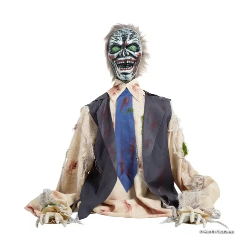 Animated Light Up Rising Zombie Halloween Decoration. Wearing a polyester vest, shirt, tie, and gauze, this plastic zombie features a slow rising motion, red light up eyes, and creepy noises when activated. Requires 4 AA batteries (not included) and assembly. Dimensions: 2.75ft