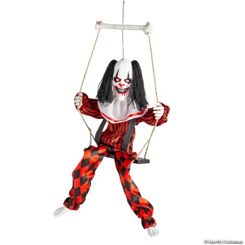 Animated Light Up Clown on a Swing Halloween Decoration. When activated, this menacing looking clown sings a creepy silly song, eyes light up red, and kicks its feet while holding on to a swing. Requires 3 AA batteries (not included) and assembly. Dimensions: about 2.25ft x 5.75in x 3.25ft.