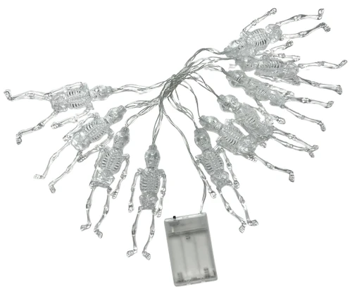 Skeleton Shaped Lights. These strand features 10 clear plastic skeletons (measuring about 5in each) with dangling pieces and warm light LEDs. 3 AA batteries required, not included. Package includes 1 count strand of lights.