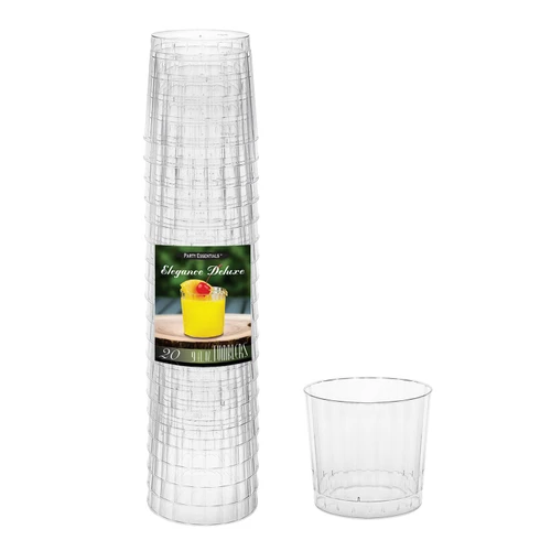 Elegance Deluxe Tumblers. These clear plastic tumblers feature a faceted design. For cold beverages only. Package includes 20 count, 9 ounce tumblers, 2.75in tall, 3.1in in diameter.