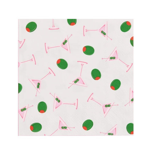 Tini Bit Older Dirty Martini Beverage Napkins. These white, 3 ply paper napkins feature a pattern of green olives and pink martini glasses. Package includes 25 count napkins measuring 5in when folded.