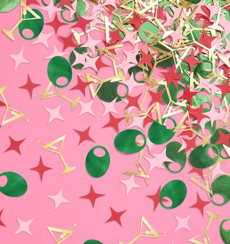 Tini Bit Older Martini Confetti. This mix includes shimmery green foil olives (about .8in), gold foil martini shapes (1in), and matte red and pink sparkle shapes (.6in). Net WT .35oz, about 200 pieces mixed.