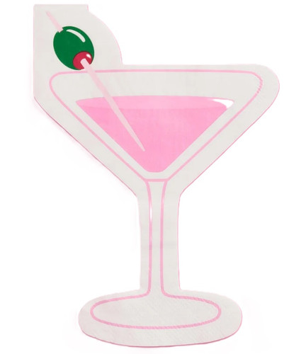 Tini Bit Older Martini Shaped Napkins. These white, 3 ply paper napkins feature the shape of a pink martini glass with a green olive on a pink toothpick. Package includes 25 count napkins measuring 7.5 x 5.5in when folded.