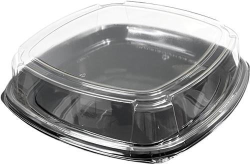 Plastic Catering Tray With Lid. This square shaped black plastic tray with rounded corners includes a clear lid, perfect for transporting a variety of cold foods. These trays are disposable for easy clean up! Measures 18in, with 3.5in tall lid.