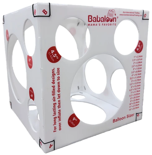 Inflate your latex balloons to the perfect sizes using this Balloon Sizer Box as a guide. This white, corrugated plastic box features multiple circles and measurements in dark red text to help with creating organic balloon garlands. Assembly required. Measures 15.5in x 15.5in when assembled.