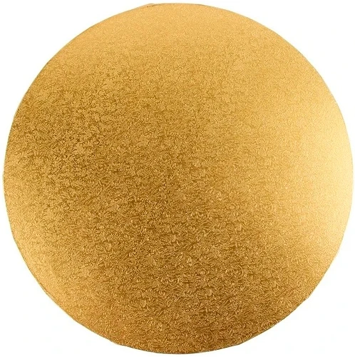 Gold Foil Sturdy Cake Board. This round wooden board feature a gold foil covering with an intricate embossed design. Includes 1 cake board measuring 18in.