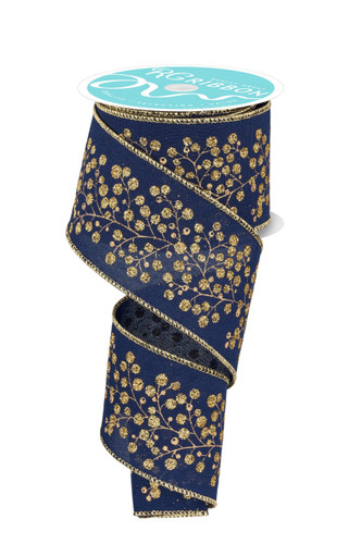 Snow Berry Ribbon. This navy blue faux royal burlap polyester ribbon features shimmery gold borders and branches with snow berries made of gold glitter. Measures 2.5in x 10yds.