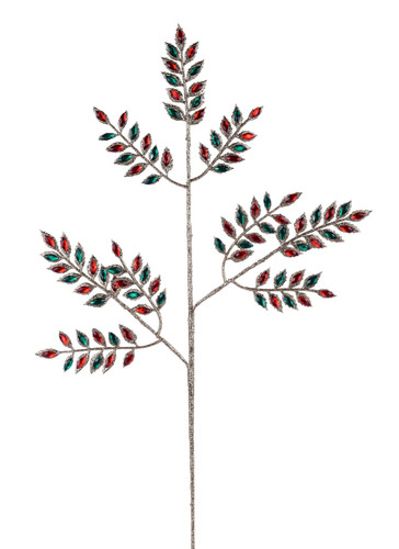 Glitter Plastic Fern with Jewels Spray. This gold glitter branch features leaves with red and emerald green acrylic jewels. Measures 22in.