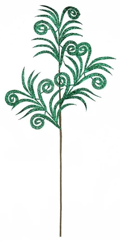 Glittered Swirl Palm Spray - Green. This colorful plastic spray features three glittery palm-style leaves and swirls in emerald green. Measures 35in.