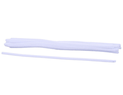 Chenille Stems - White. These wired stems feature a plain white color and soft polyester chenille covering. Package includes 25 count 12in stems, 6mm.